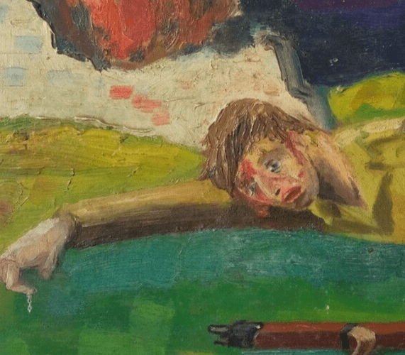 Vintage Oil Painting Military Man on the Grass with a Riffle 1947 image 3