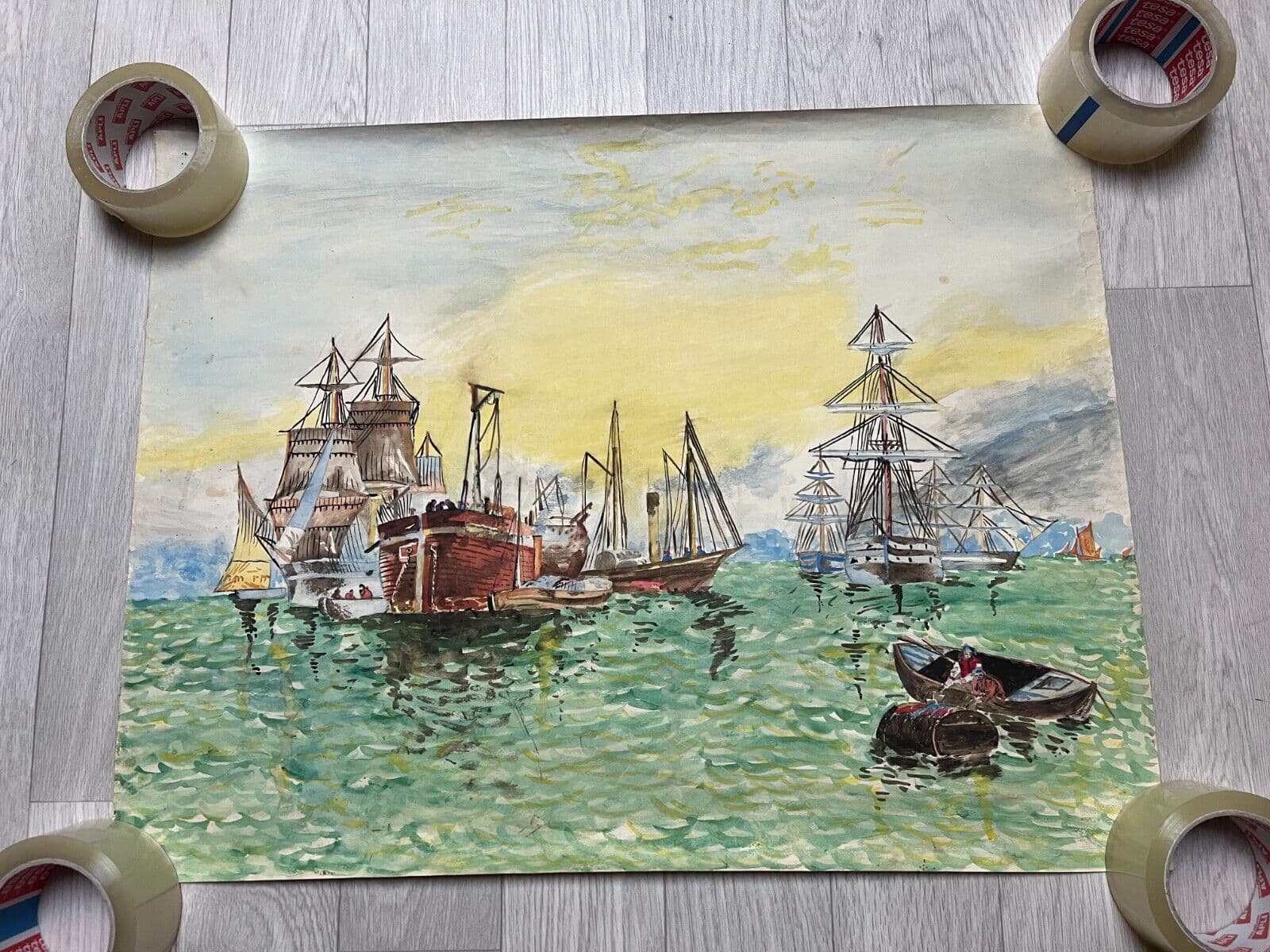 Antique Original Drawing Seaview, Boars, People, Sunset, Landscape image 5