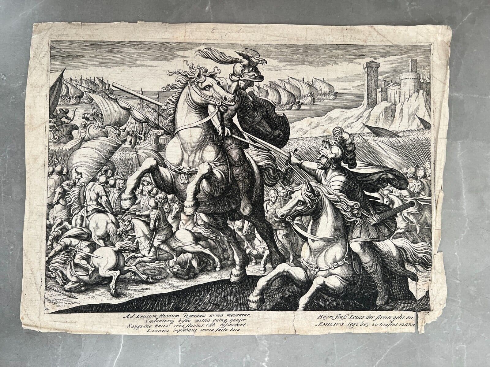 Antique Etching Original Horse, Battle, People, Landscape, War, Castle image 2