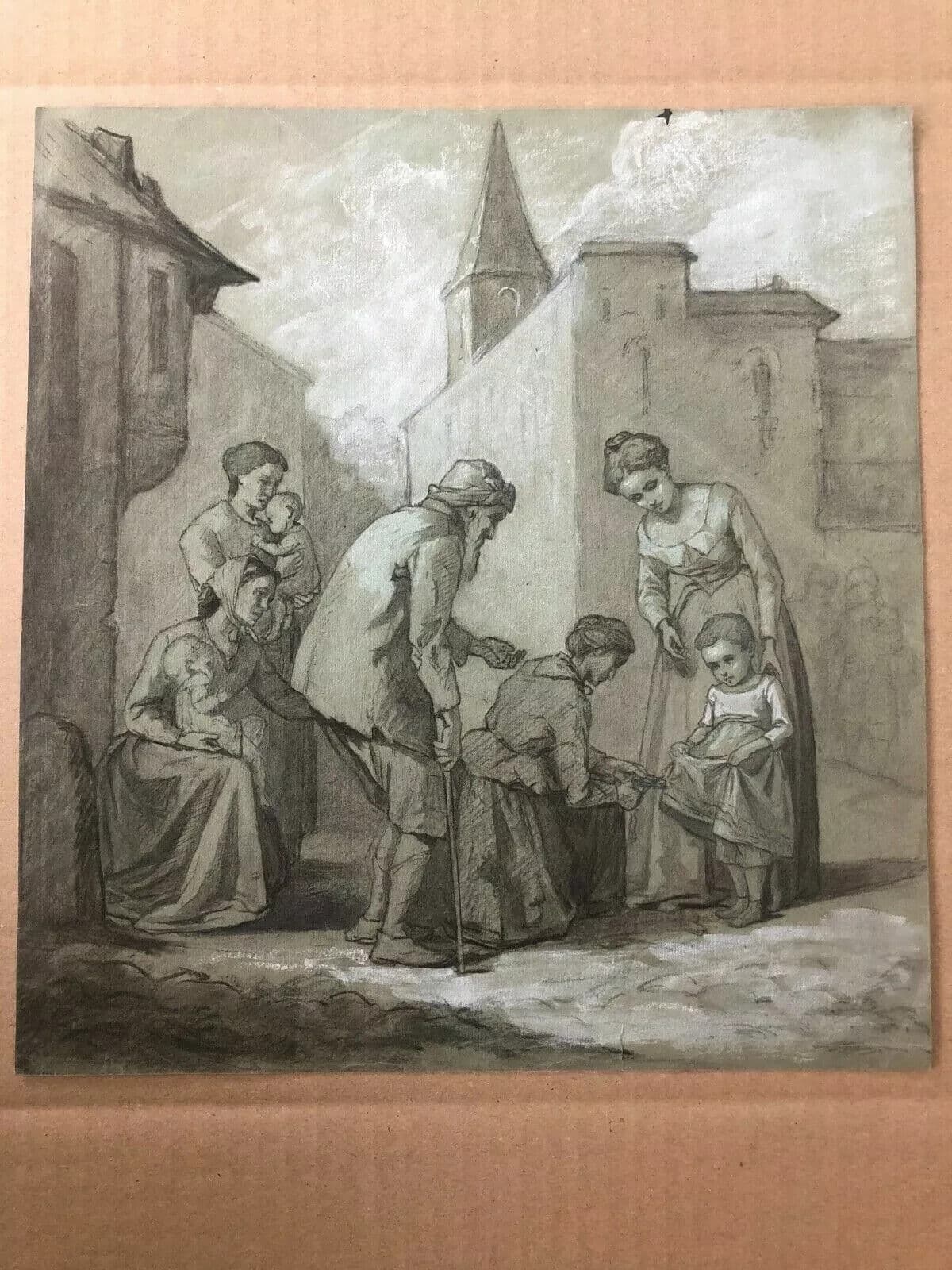 Antique Original Pencil Drawing 19th century Ink Figures, Children, Baby Artwork image 6