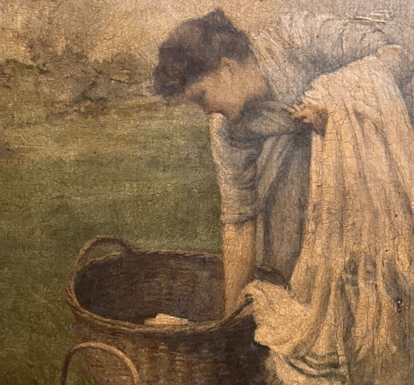 Antique Painting Original Woman, Laundry, Portrait, Working Life signed 1890