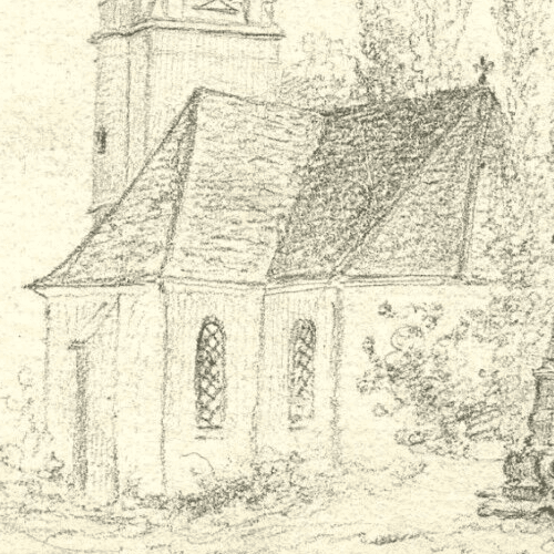 Antique Pencil Original Drawing 19th century Loisail, Parish Church Landscape image 2
