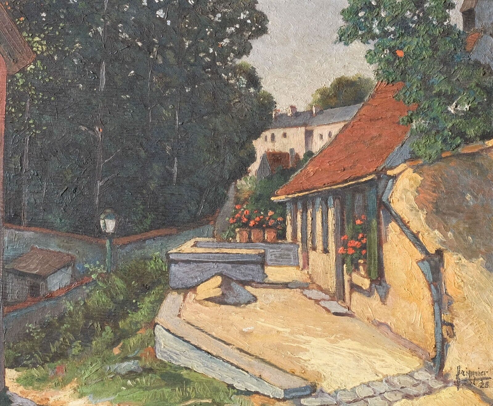 Antique Oil Painting Signed House Landscape, Cityview, Trees image 1