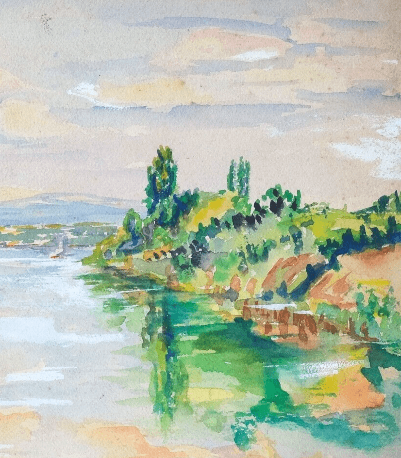 Antique Oil Original Watercolor Landscape with River French image 3