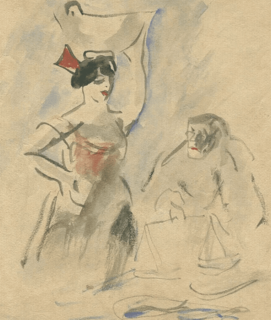 Vintage Ink Drawing Genre Scene, Spanish Dancing Figures Original Signed