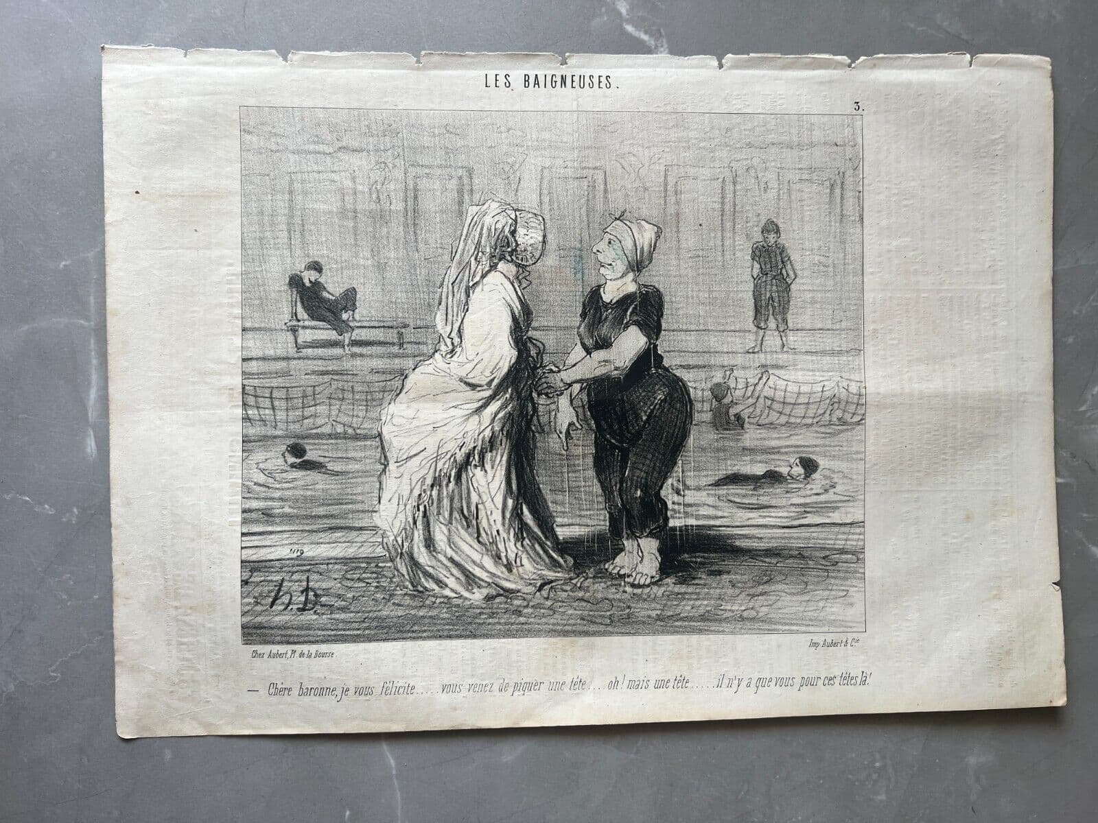 Antique Print 19th century Daumier, les Baigneuses, Baronne image 2