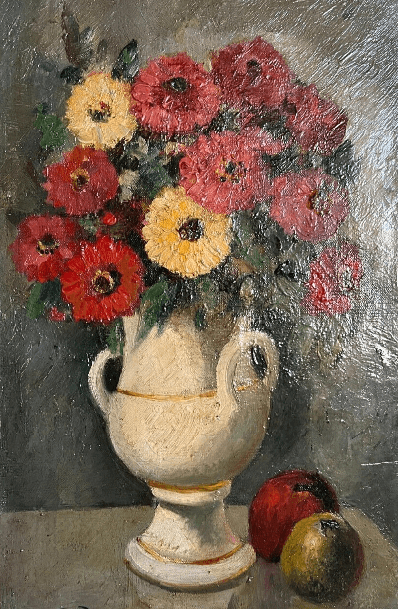 Antique Painting Original Still Life, Flowers, Vase, Apple signed Floral