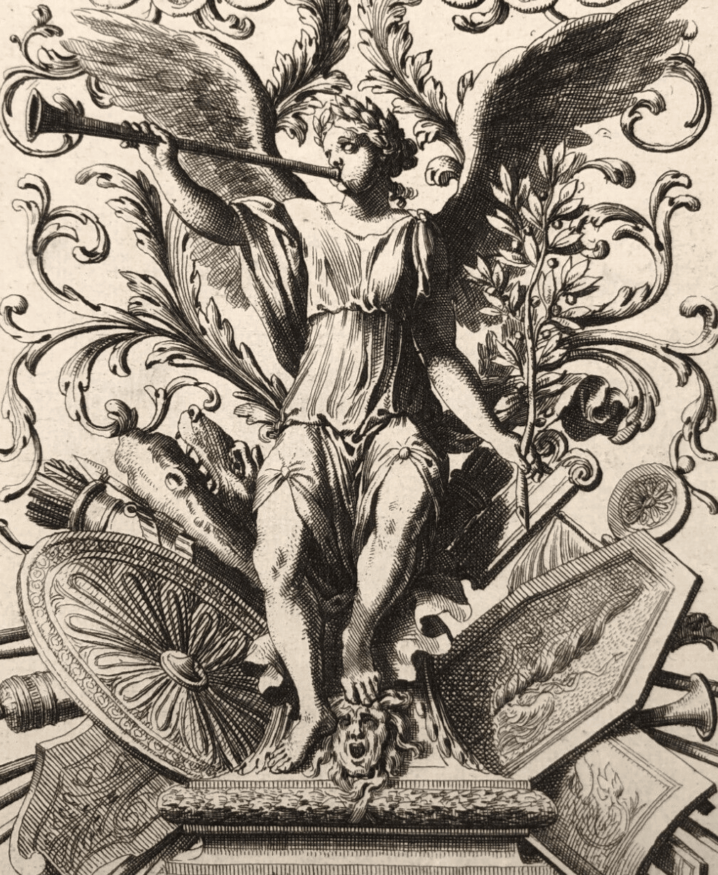 Antique Original Etching Jean Le Pautre (1618–1682) Angel, Trumpet, Ornament image 1