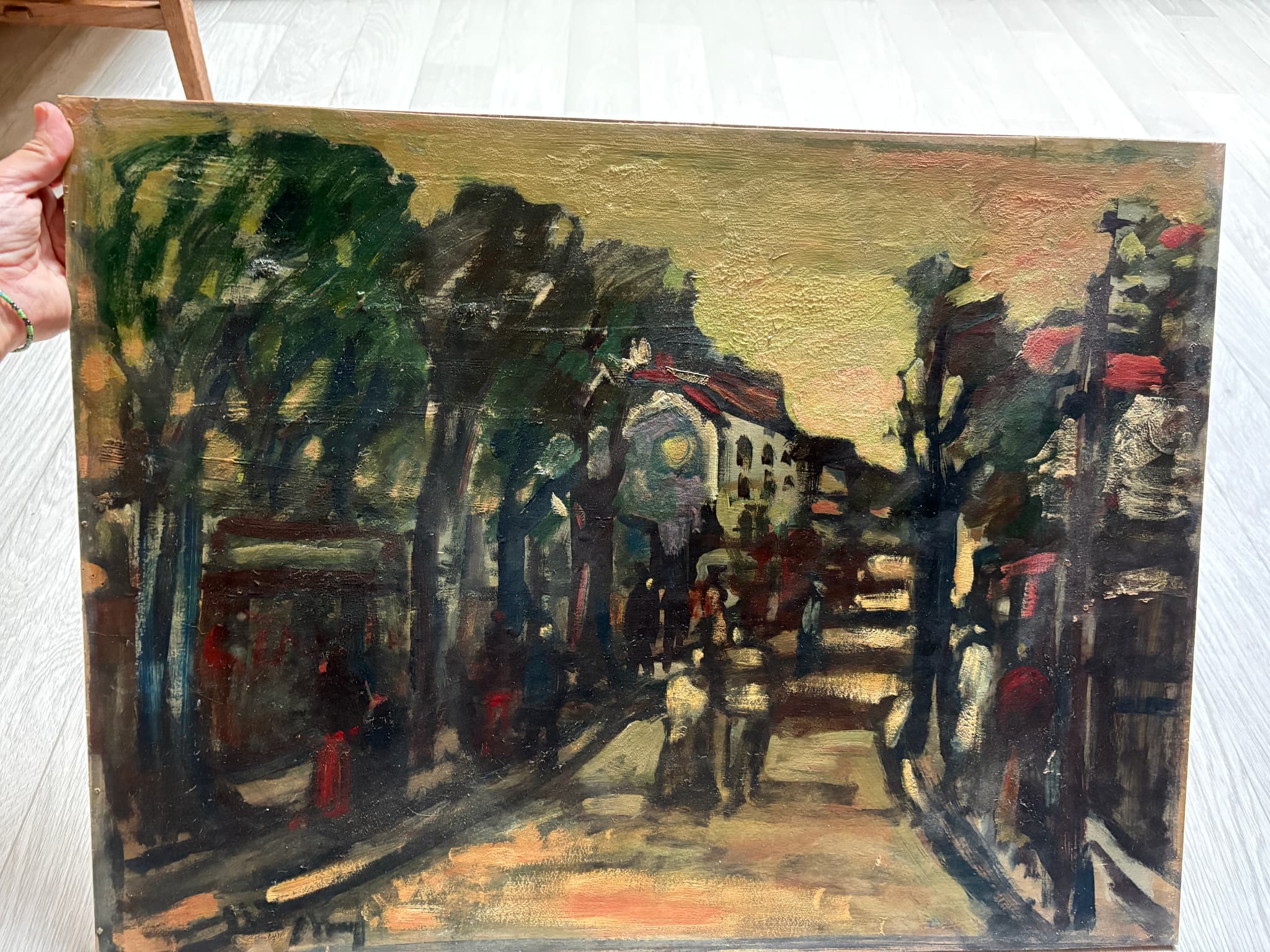 Antique Painting Original Landscape, Cityview, People signed image 5