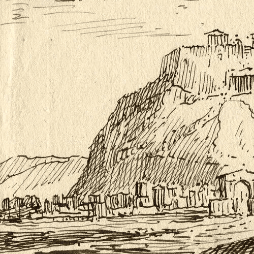 Antique Original Ink Drawing 19th century The Mount Olympus, Romantic Landscape image 2
