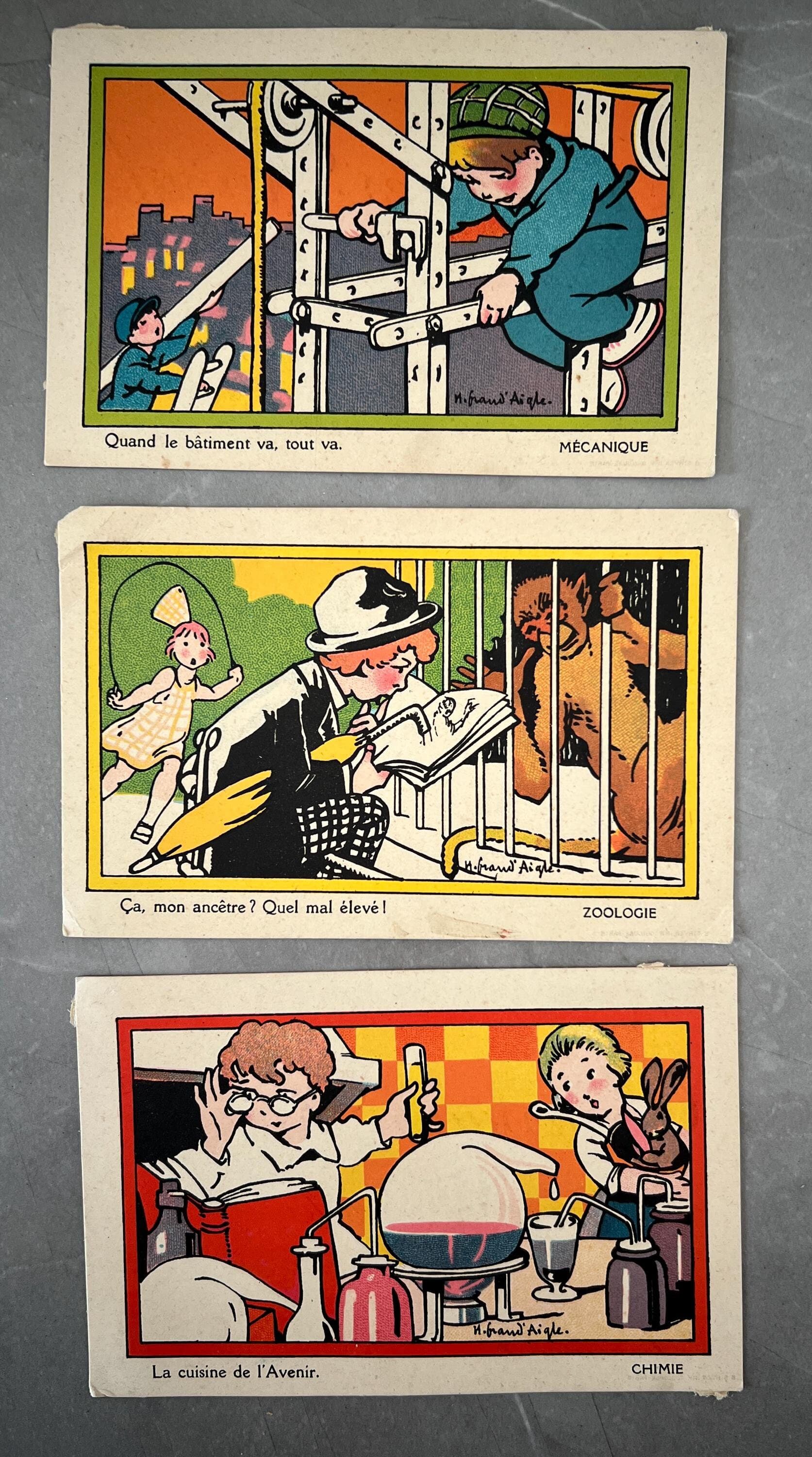 Set of 3 Vintage French Educational Cards - Mechanics, Zoology, Chemistry