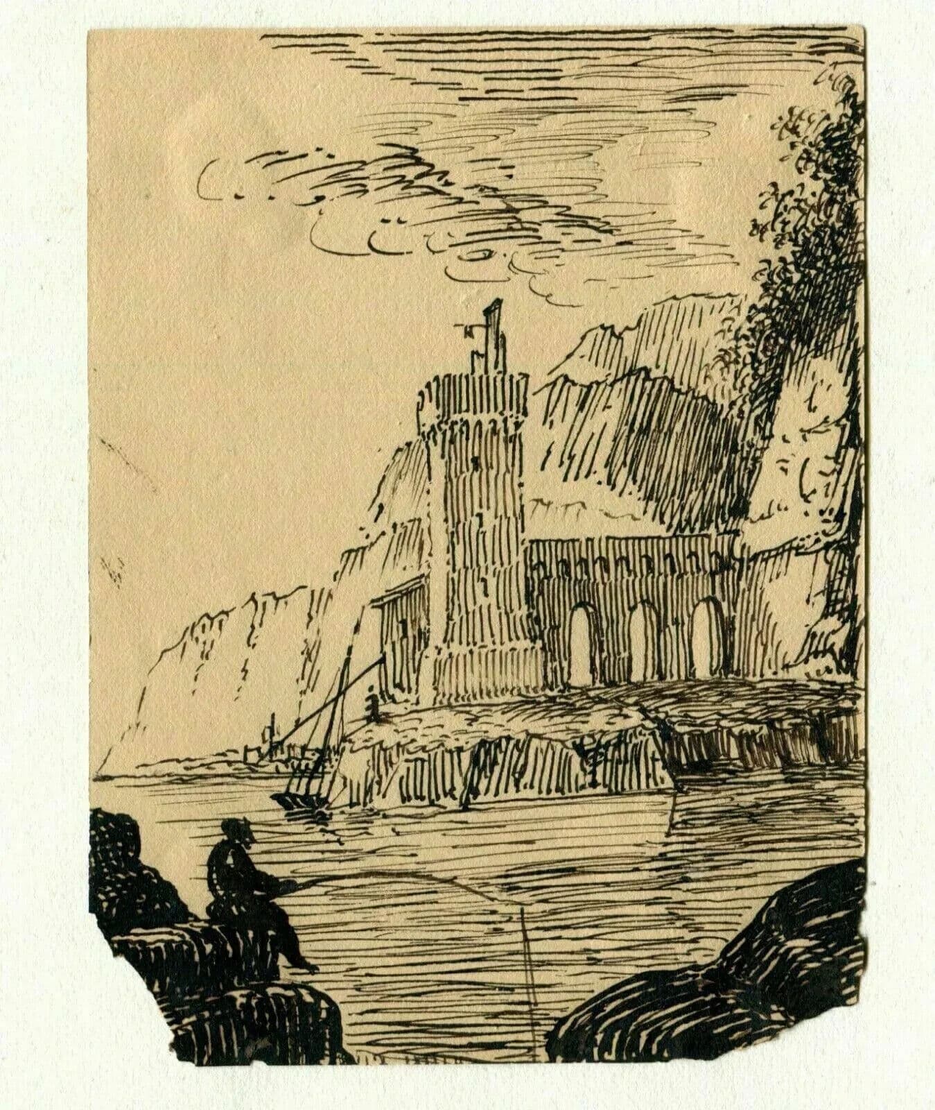 Antique Ink Drawing 19th century of Castle Landscape with Fisherman image 5