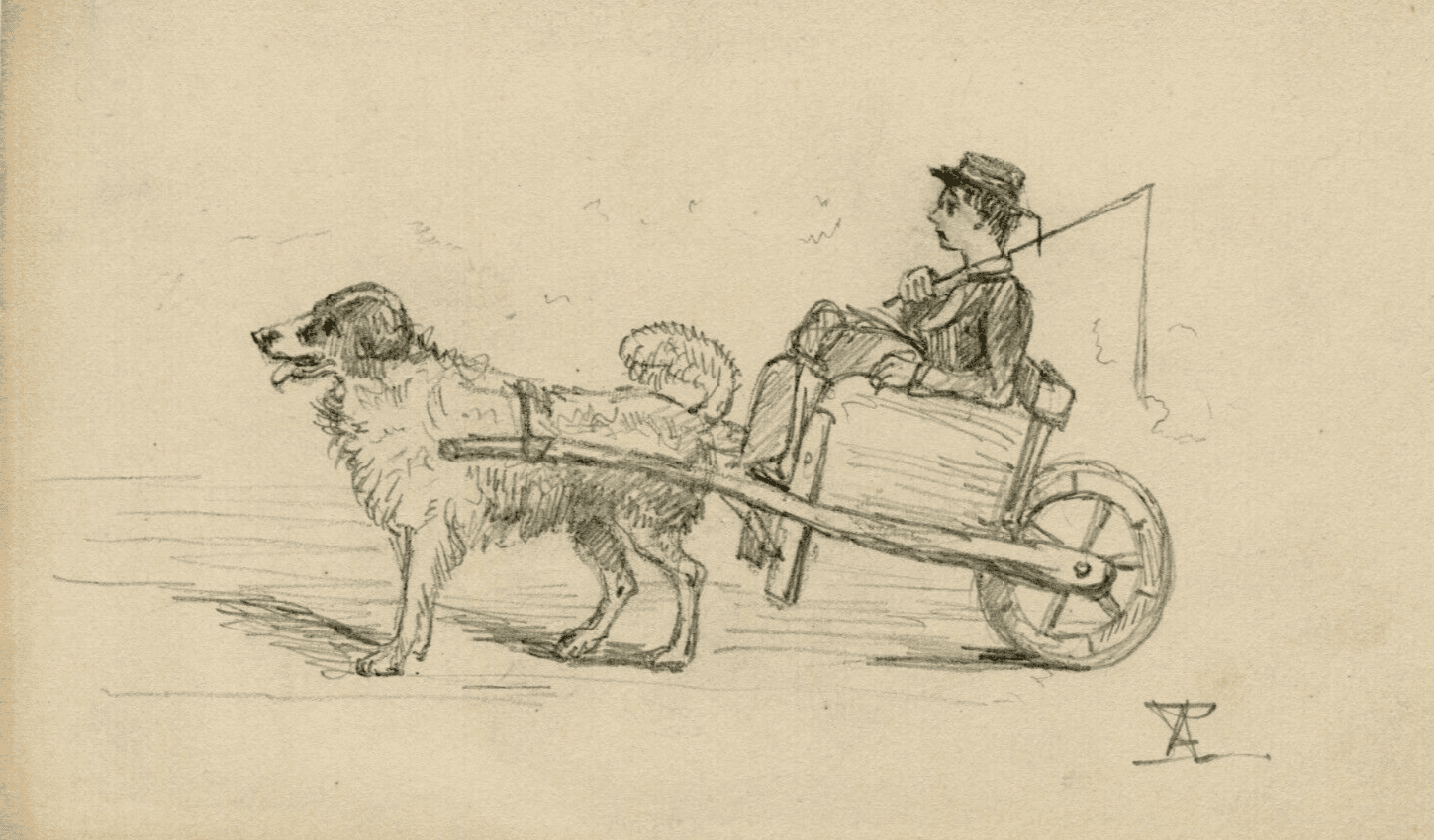 Antique Drawing Original Young Man on a Dog Plow