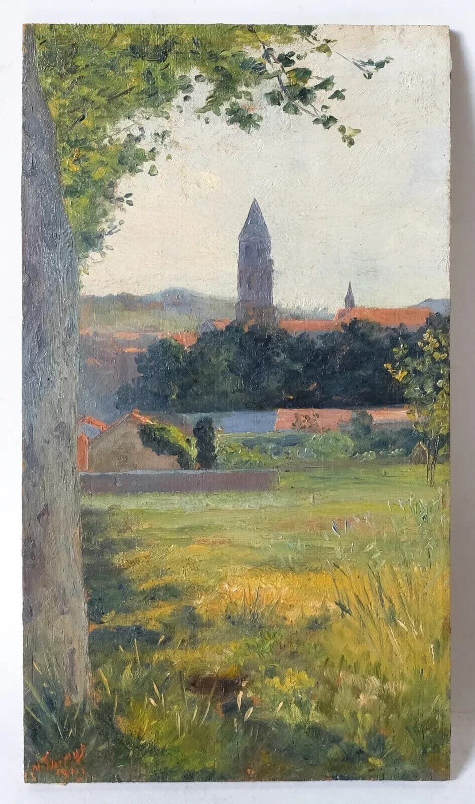Antique Oil Original Painting Landscape, Village, Countryside Fields image 7