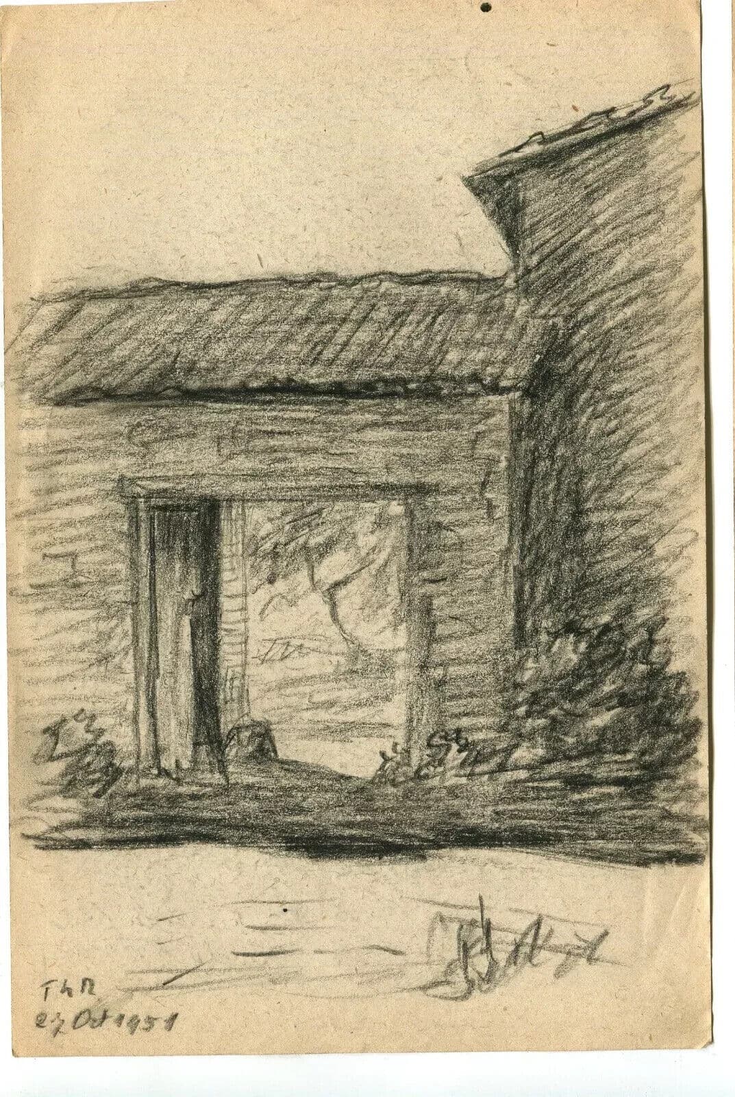 Vintage Pencil Drawing Original signed Entrance to a Farm 1951 image 7