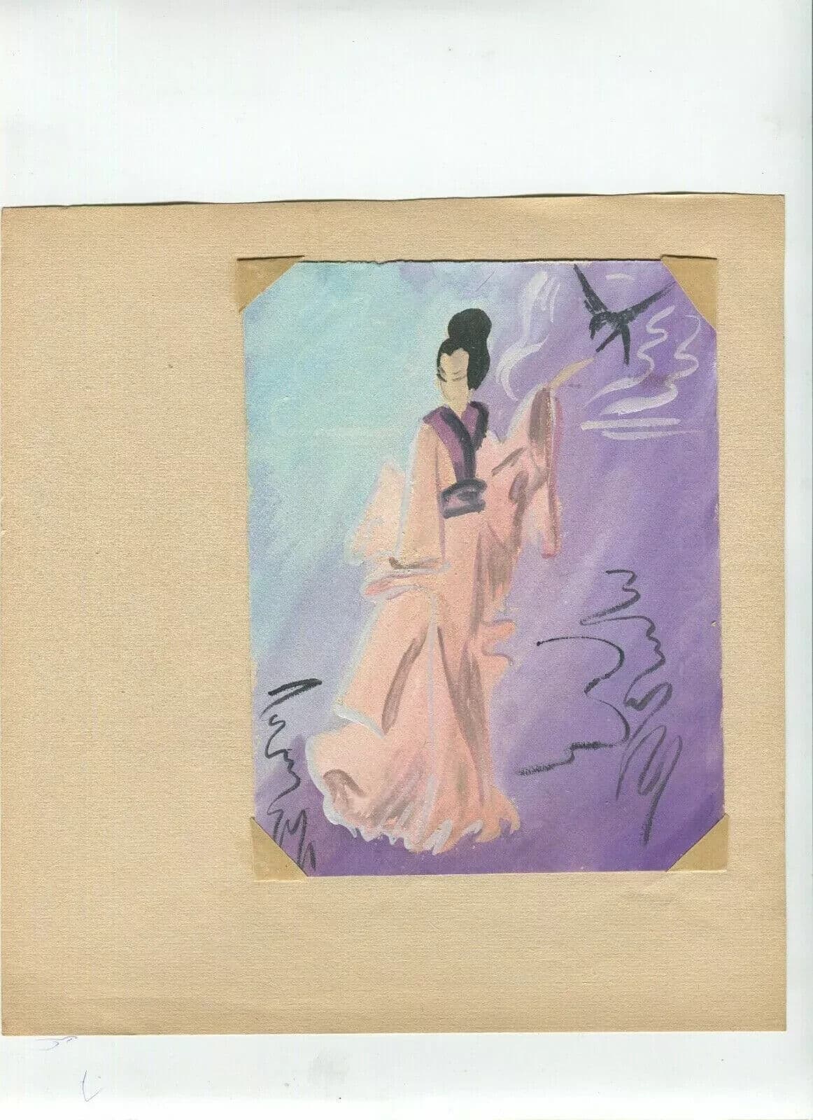 Vintage Drawing Woman Portrait, Asian Figure, Bird, Genre Scene Asian Artwork image 6