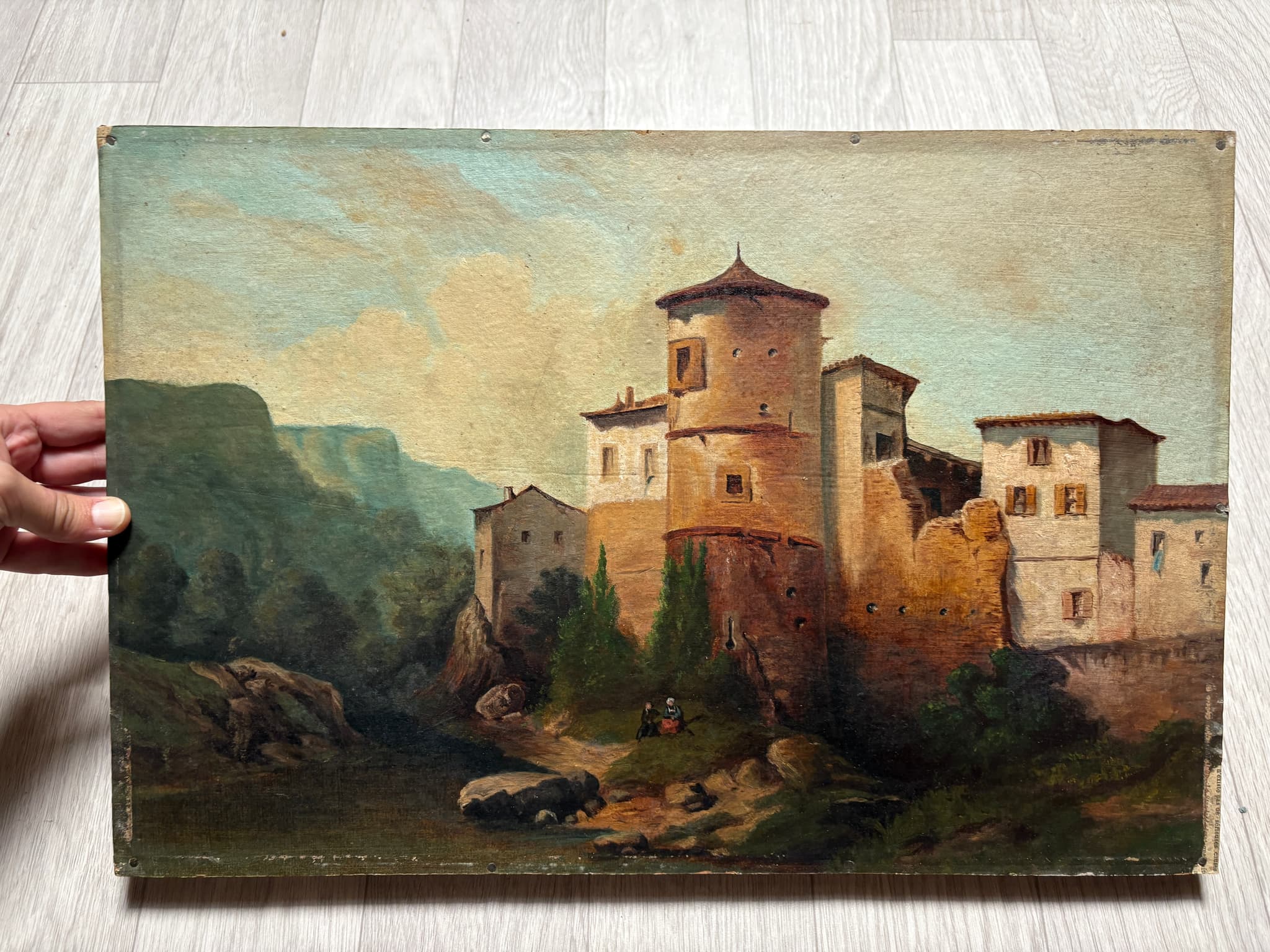 Antique Painting Oil Original 19th Century Fortified Hamlet Village Landscape image 5