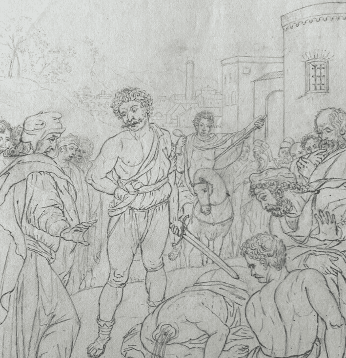 19th century Original Antique Pencil Drawing Historical Scene, Murder Artwork image 1