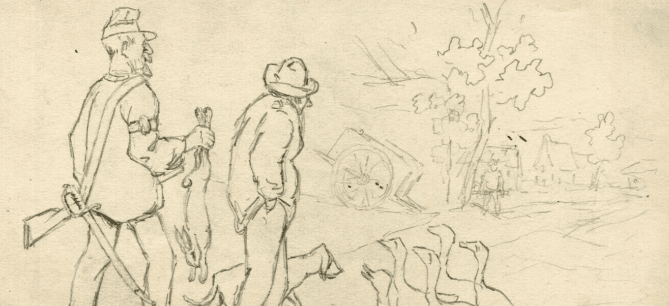 Vintage Original Pencil Drawing Men Hutting, People, Ducks, Rabbit Artwork image 1