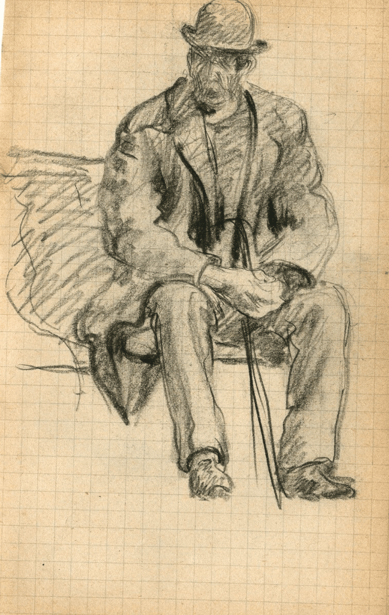 Vintage Pencil Original Drawing of a Man with Hat sitting with a Cane