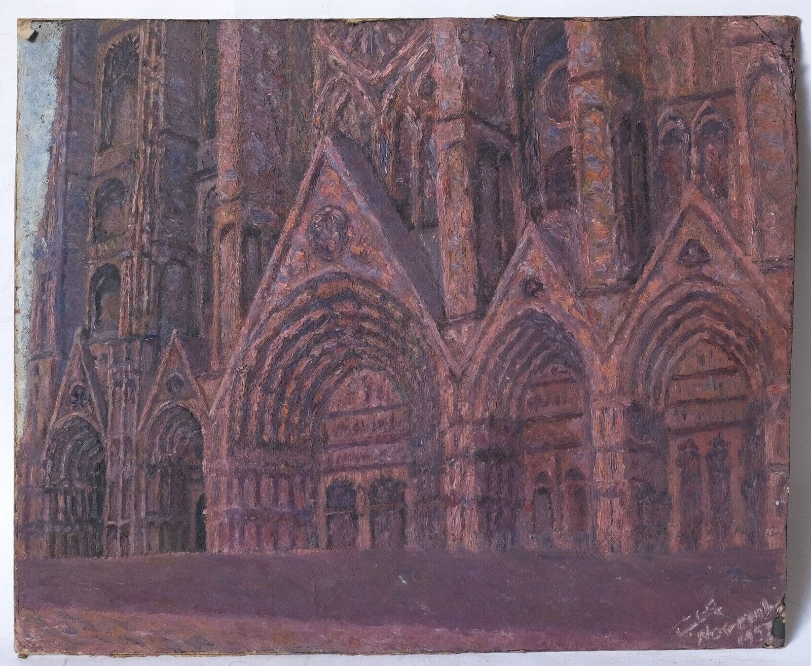 Vintage Oil Original Painting Landscape, Forest, Trees, Cathedral Rouen signed image 4