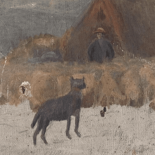 Antique Oil Original Painting, Landscape, Livestock, Farmer, Sheep, Dog image 4