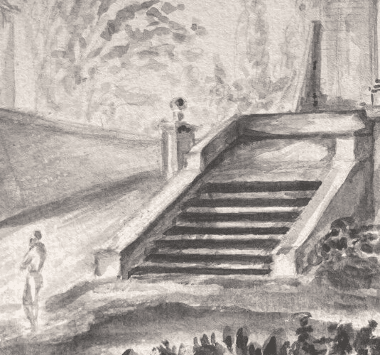 Antique Original Drawing Landscape, People, Building 19th century image 4
