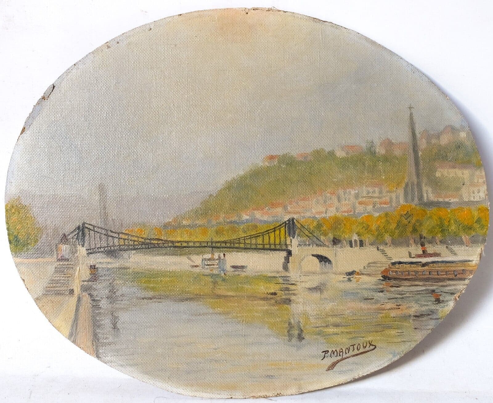 Vintage Oil Painting Maritime Landscape, Boat, City, Bridge, Quay signed Artwork image 1