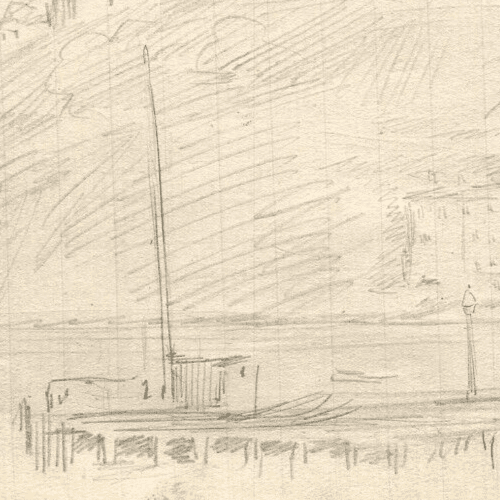 Vintage Pencil Drawing Original Boat, Village, Landscape Artwork image 5