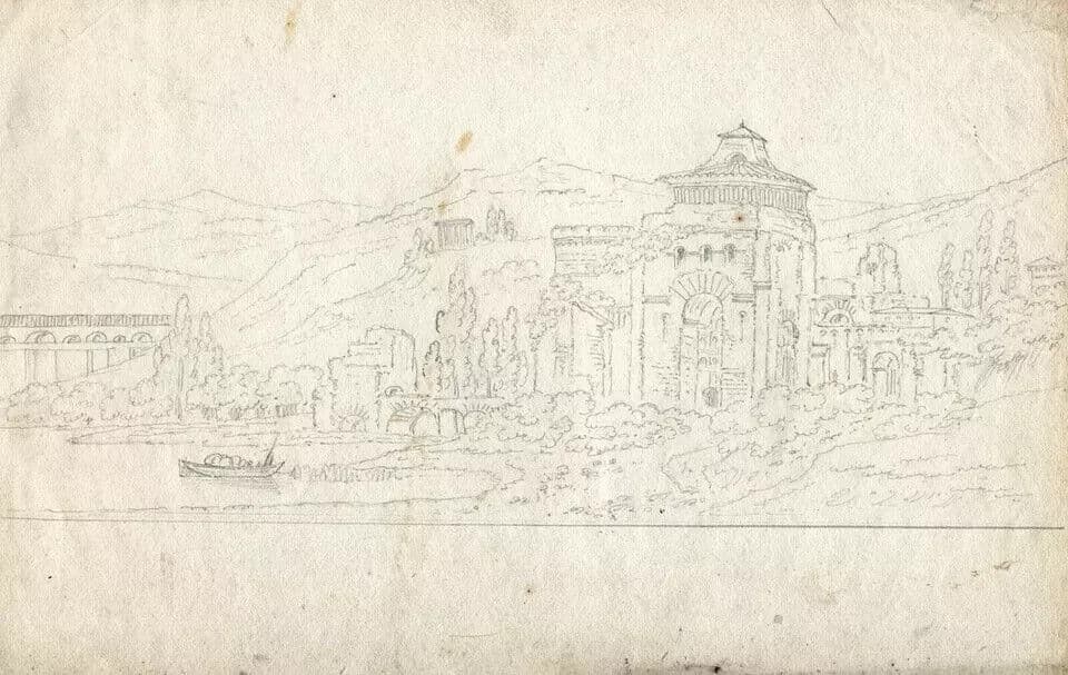 Antique Pencil Drawing Landscape 19th century Building and Boat image 5