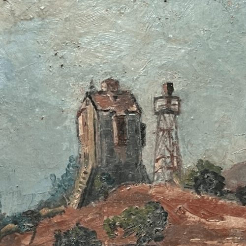 Antique Oil Painting Original Landscape, Cityview, Houses, Trees signed image 2