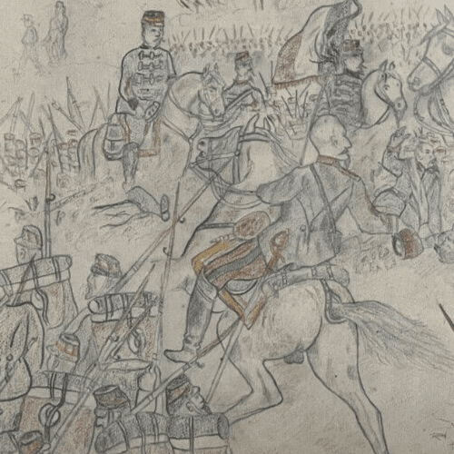 Antique Original Drawing Men, War, Conflicts, People, Horse, History image 3