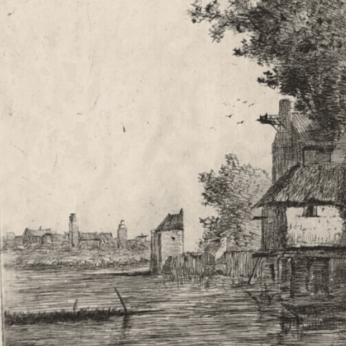 Antique Etching Original Landscape, Tree, Man, House, Boat image 2