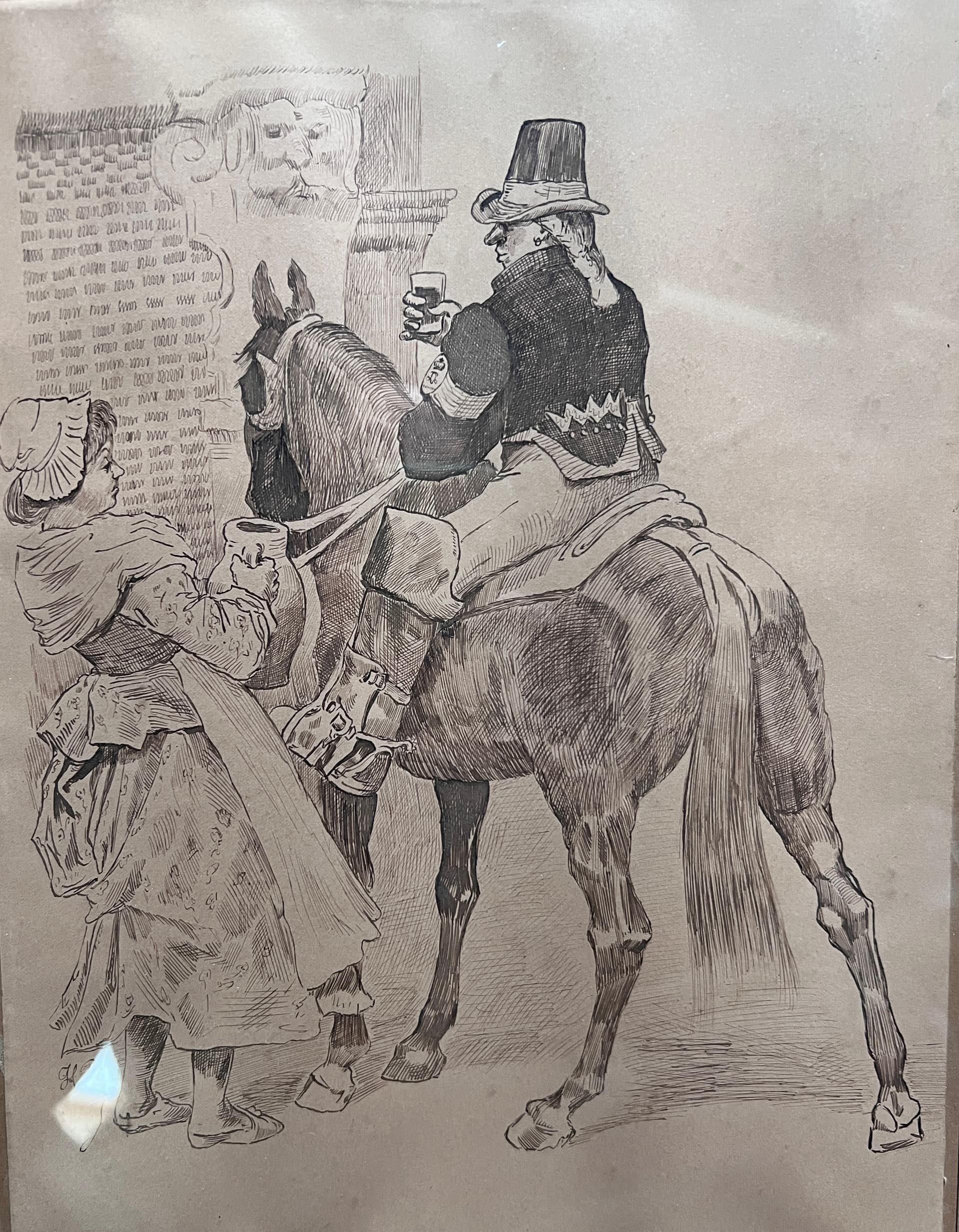 Drawing by H. MILLER (XIX) Man on a Horse and Woman with Water