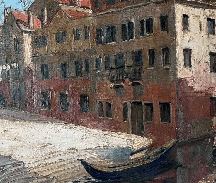 Antique Oil Painting Venice Cityview Landscape Building, Canal, Boat image 3