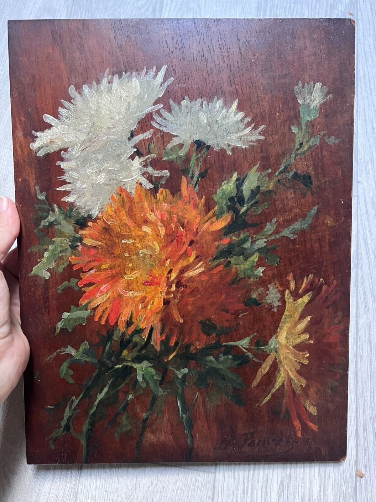 Antique Painting Original by Léopold PONCET (1868-1935) Aster Bouquet image 5