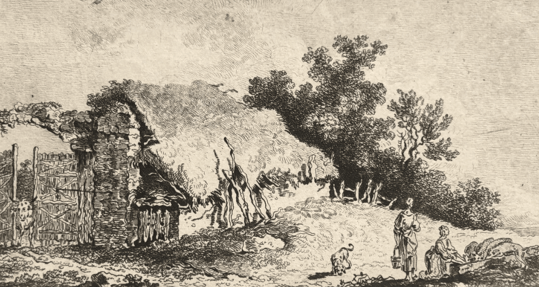 Antique Original Engraving Landscape, House, People, Frédéric Théodore Faber image 1