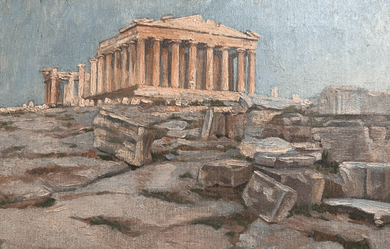 Antique Oil Painting Original 19th century Landscape, Pantheon, Greece, Ruins image 1