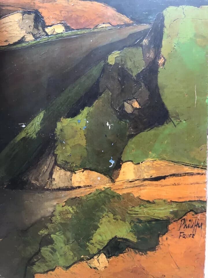 Antique Oil Painting by Philippe FAURE (XX) Green Cubist Landscape 1957 image 6