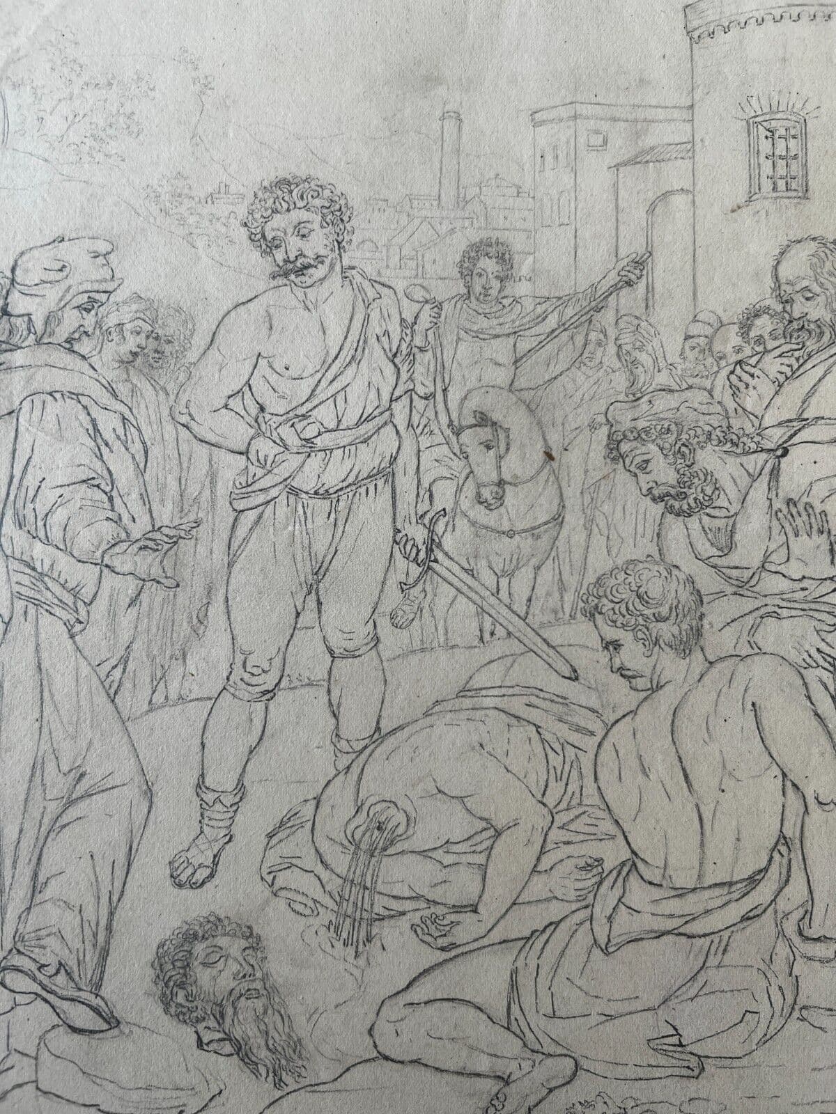 19th century Original Antique Pencil Drawing Historical Scene, Murder Artwork image 2