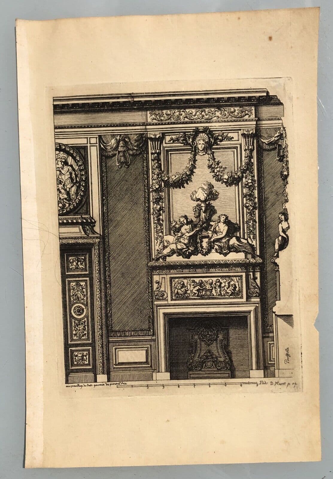 Antique Original Etching Jean MAROT Mariette, Fireplace, Architecture  x7 image 4