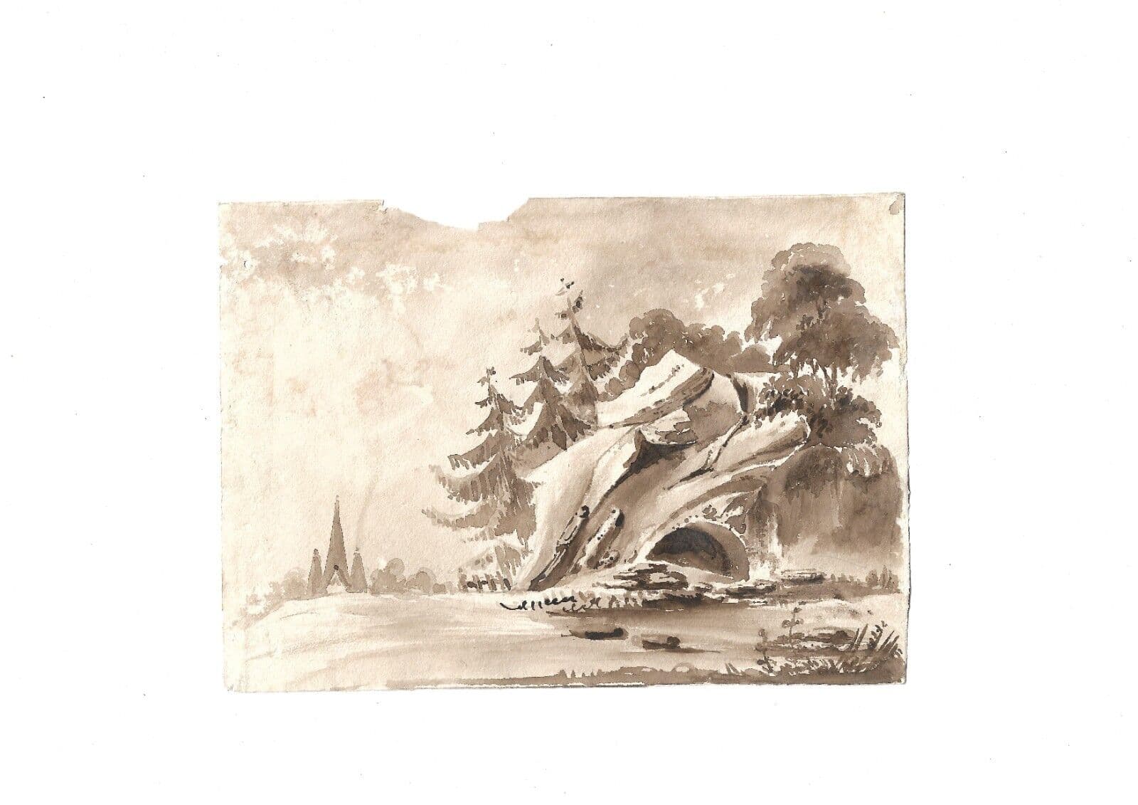 Antique Ink Original Drawing 19th century Cave, Landscape, Tree, Forest image 6