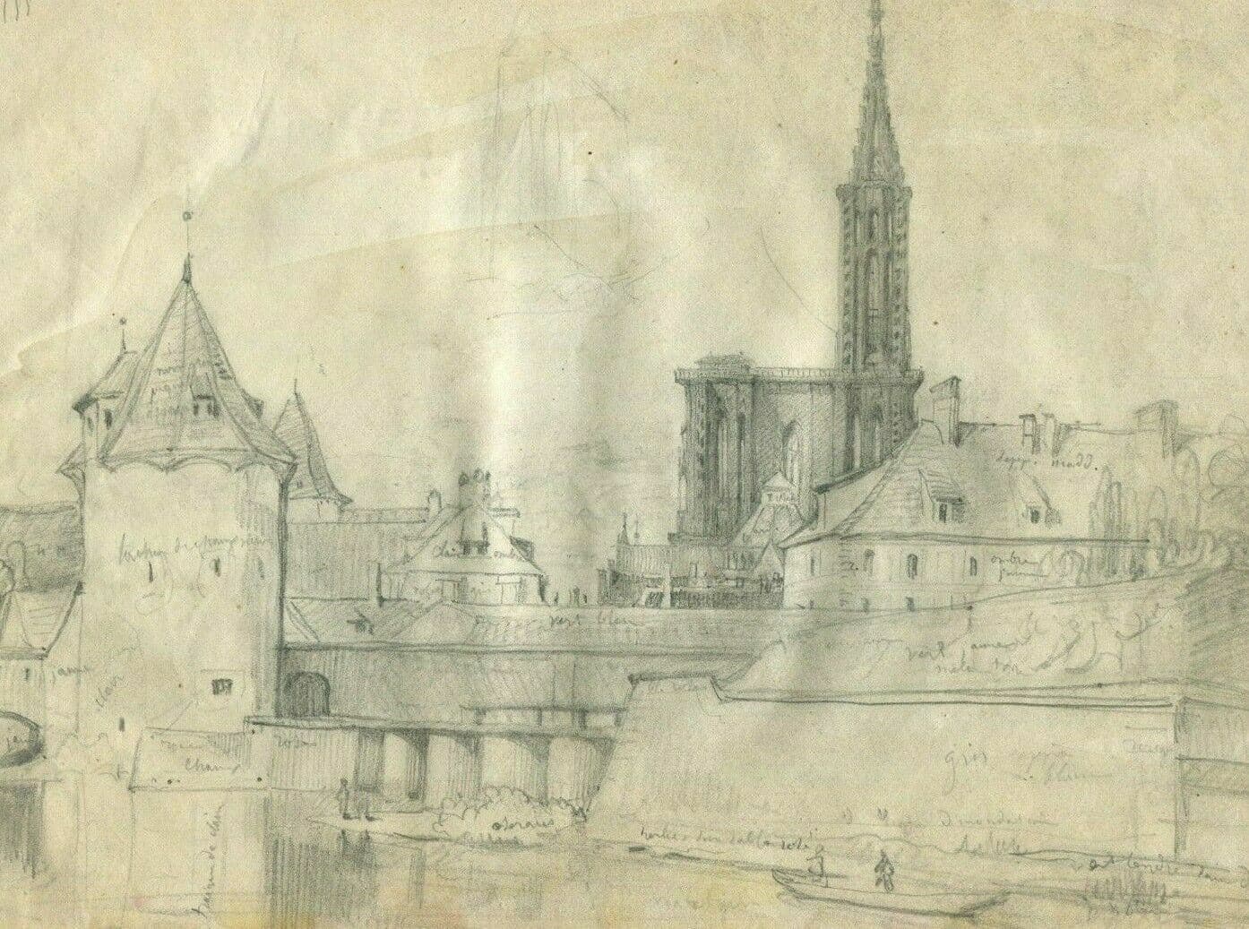 Antique Pencil Drawing 19th century Cityscape Landscape image 1