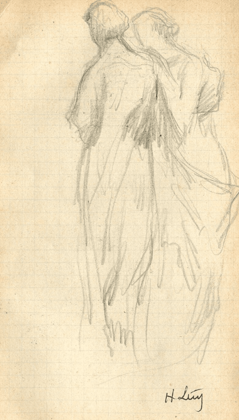Antique Pencil Drawing Original Sketch Two Women Walking signed