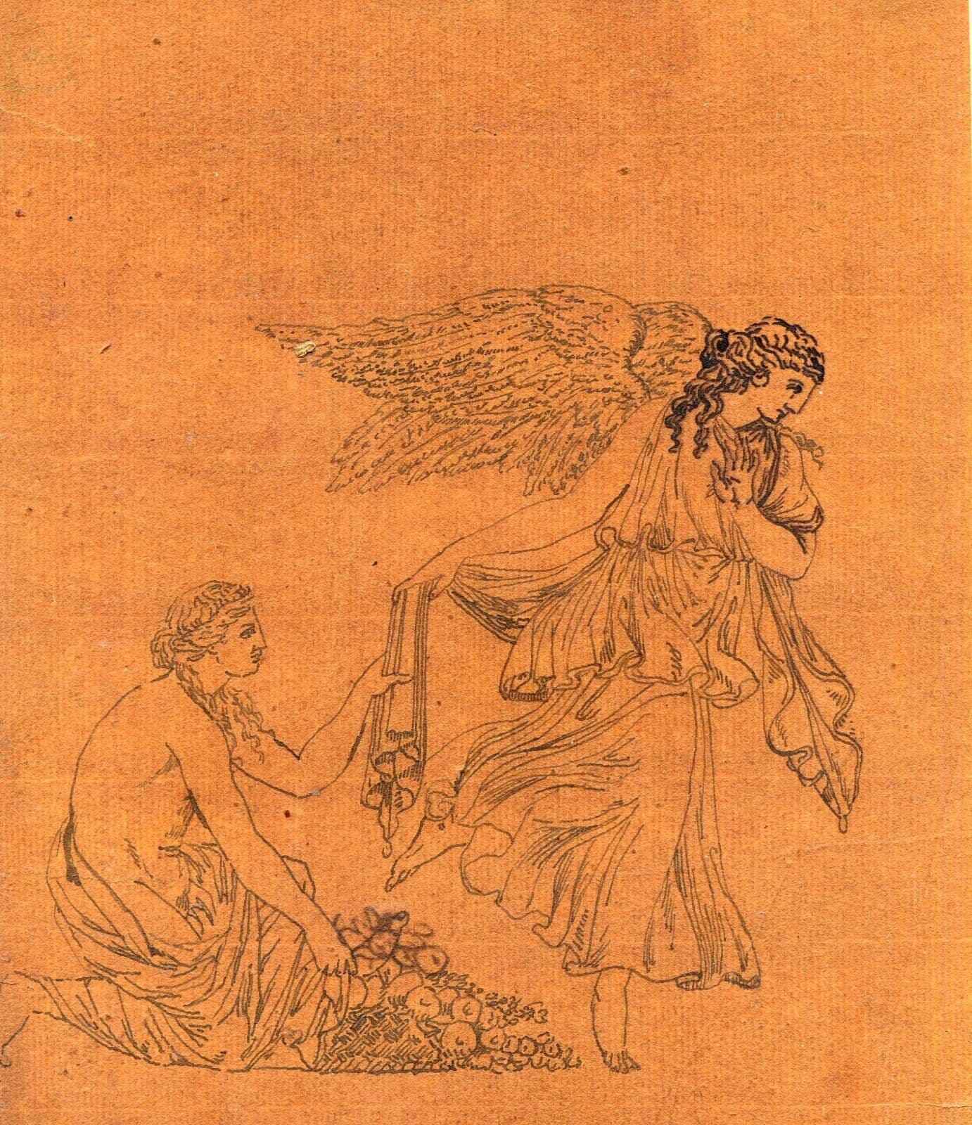 Antique Ink Drawing 19th Religious Scene Antiquity, Mythology, Angel, Greece image 1