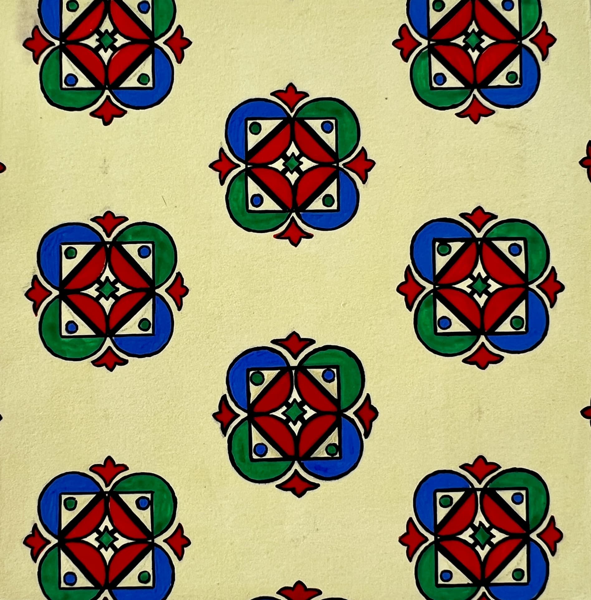 Red/Blue/Green Flowers Original Textile Drawing