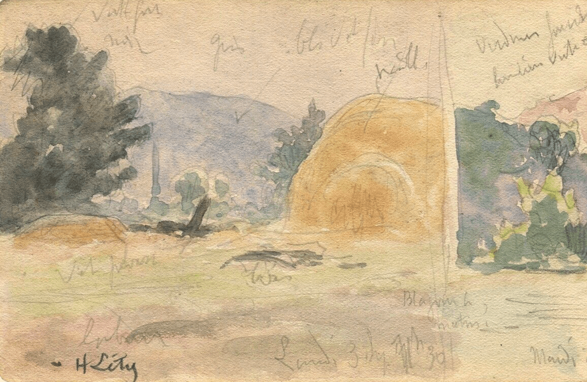 Vintage Drawing Landscape, Fields and Tree Original Signed Artwork