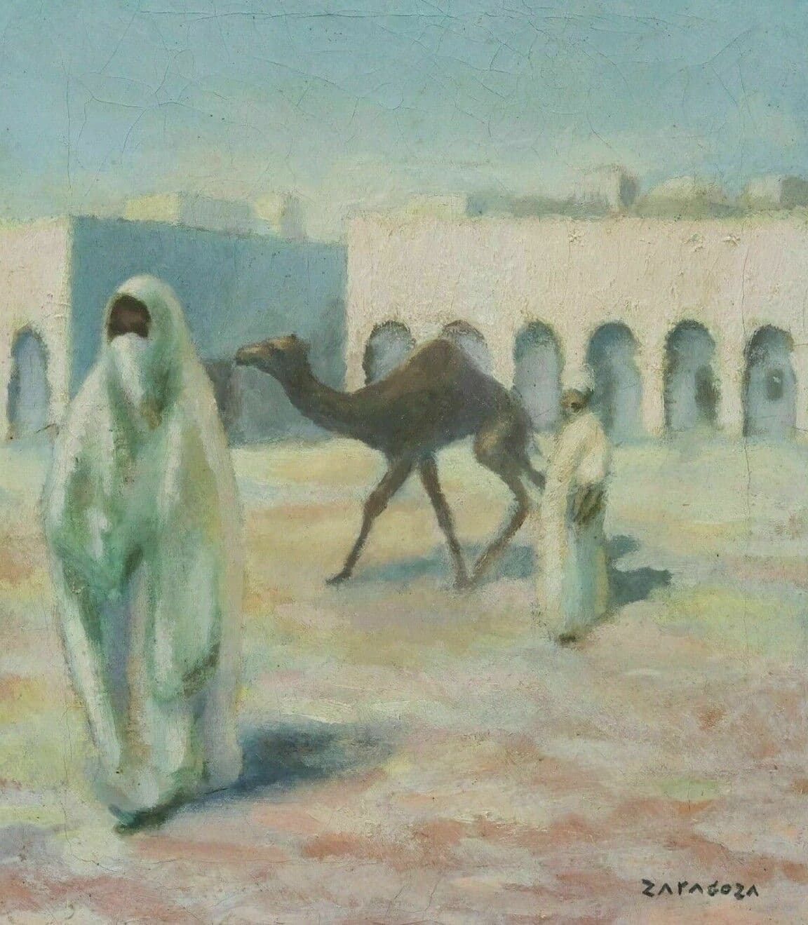 Painting Zaragoza, African Landscape with Camel and Veiled Woman image 1