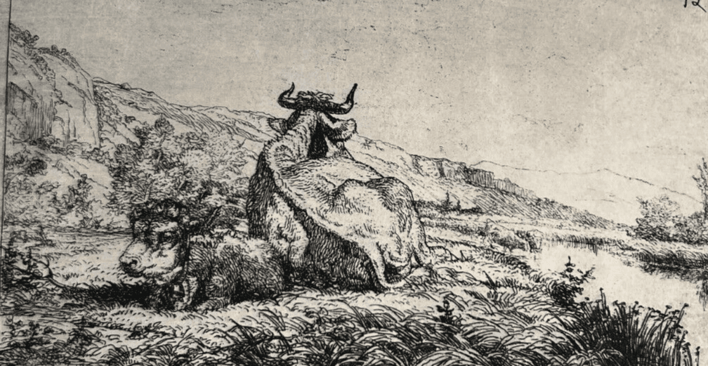 Etching Original Louis GUY (1824-1888) Landscape, Cows 1875 image 1