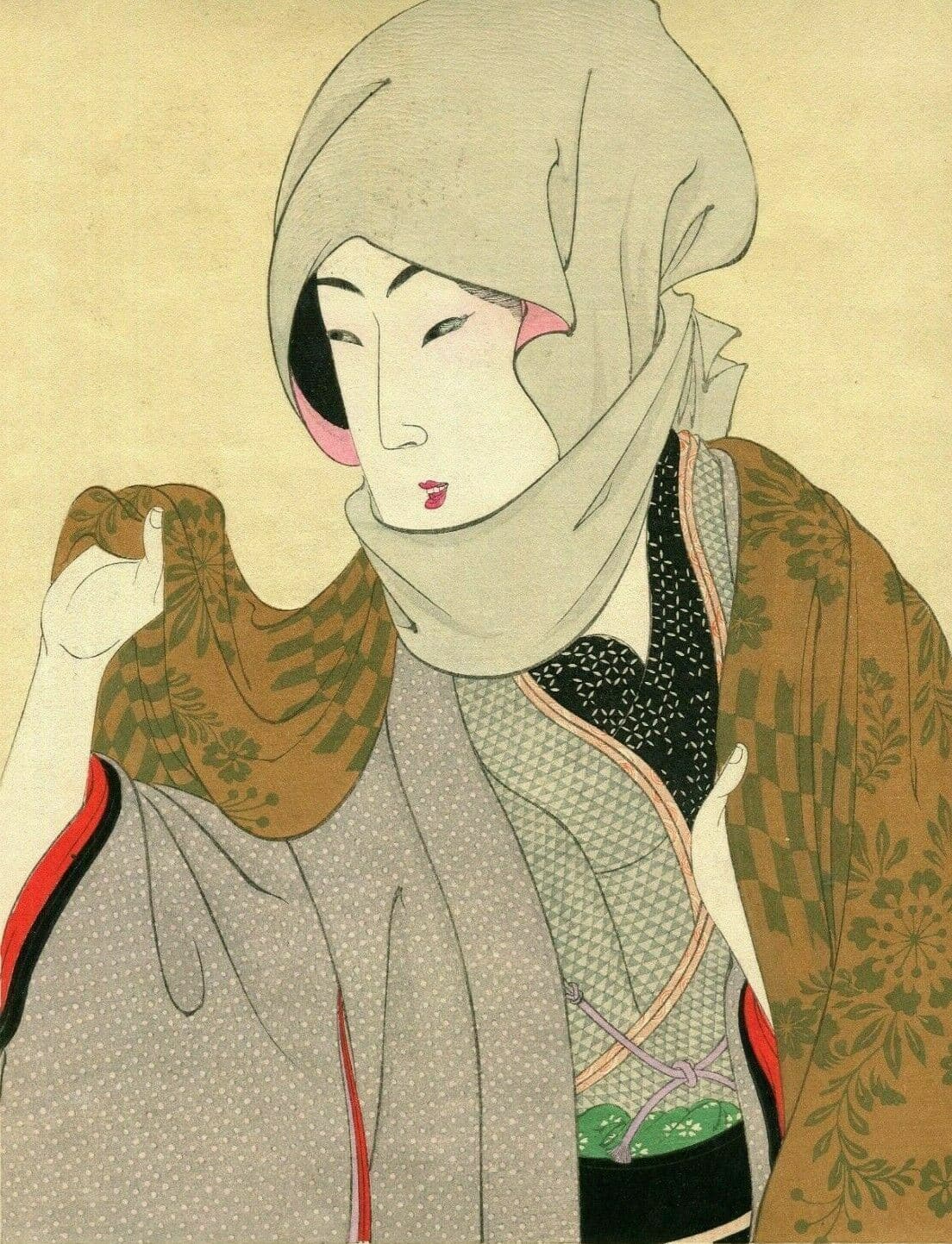 Japanese Woodprint Geisha Portrait with Scarf